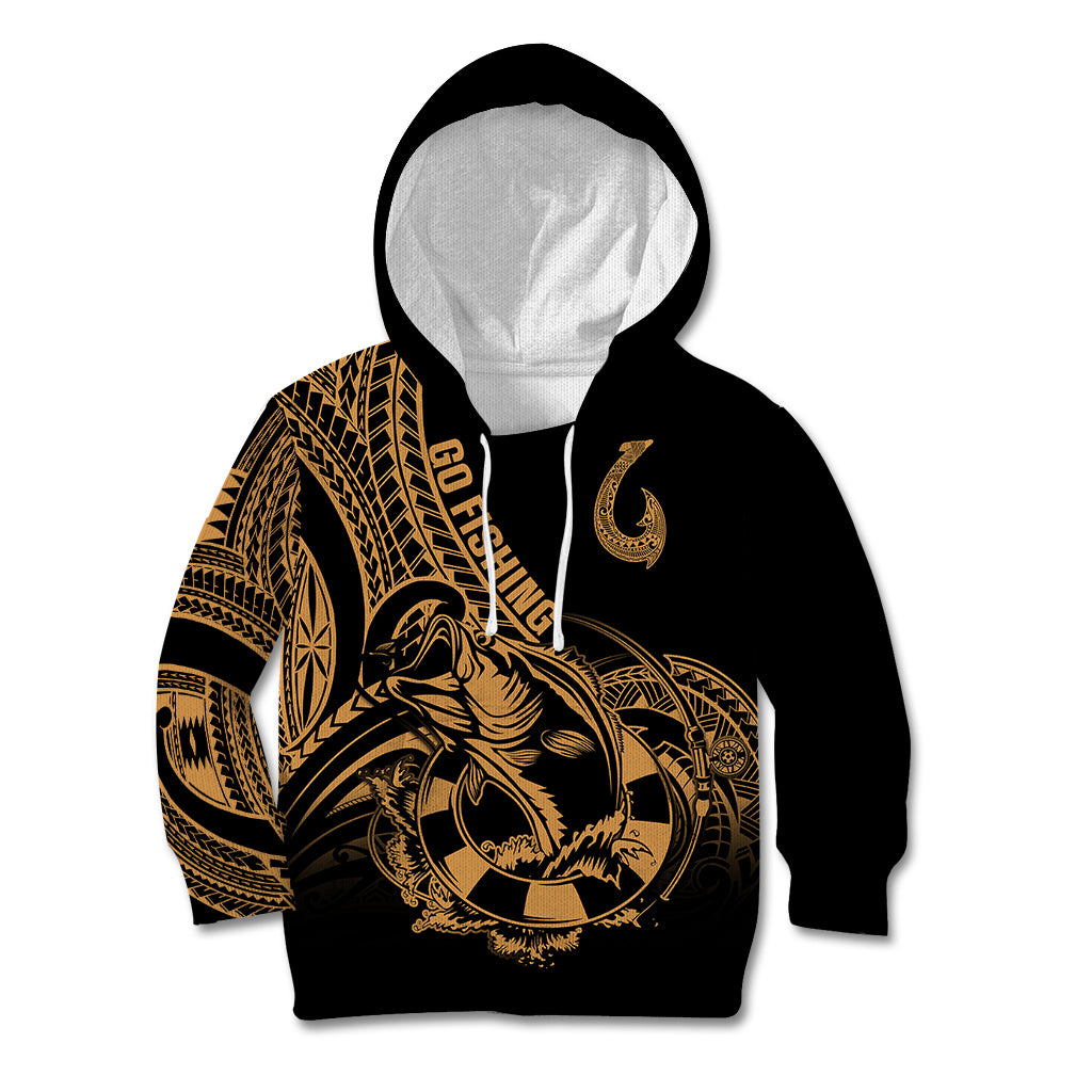 Polynesia Kid Hoodie Fish Hook Tattoo Go Fishing Polynesian Pattern Gold - Wonder Print Shop