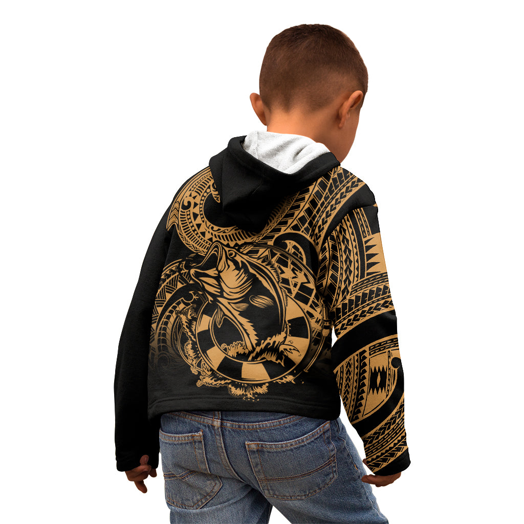 Polynesia Kid Hoodie Fish Hook Tattoo Go Fishing Polynesian Pattern Gold - Wonder Print Shop
