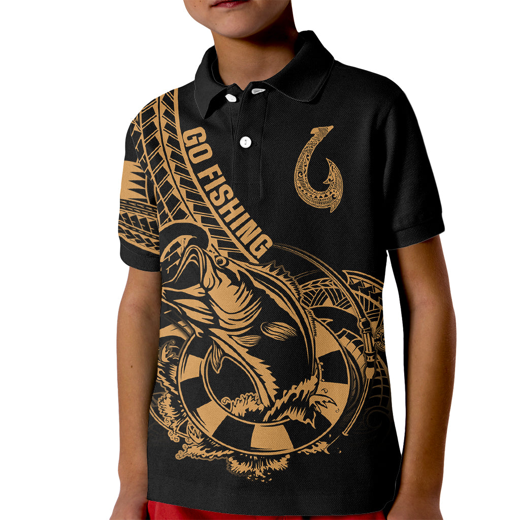 Polynesia Kid Polo Shirt Fish Hook Tattoo Go Fishing Polynesian Pattern Gold - Wonder Print Shop