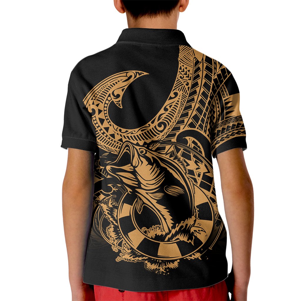 Polynesia Kid Polo Shirt Fish Hook Tattoo Go Fishing Polynesian Pattern Gold - Wonder Print Shop