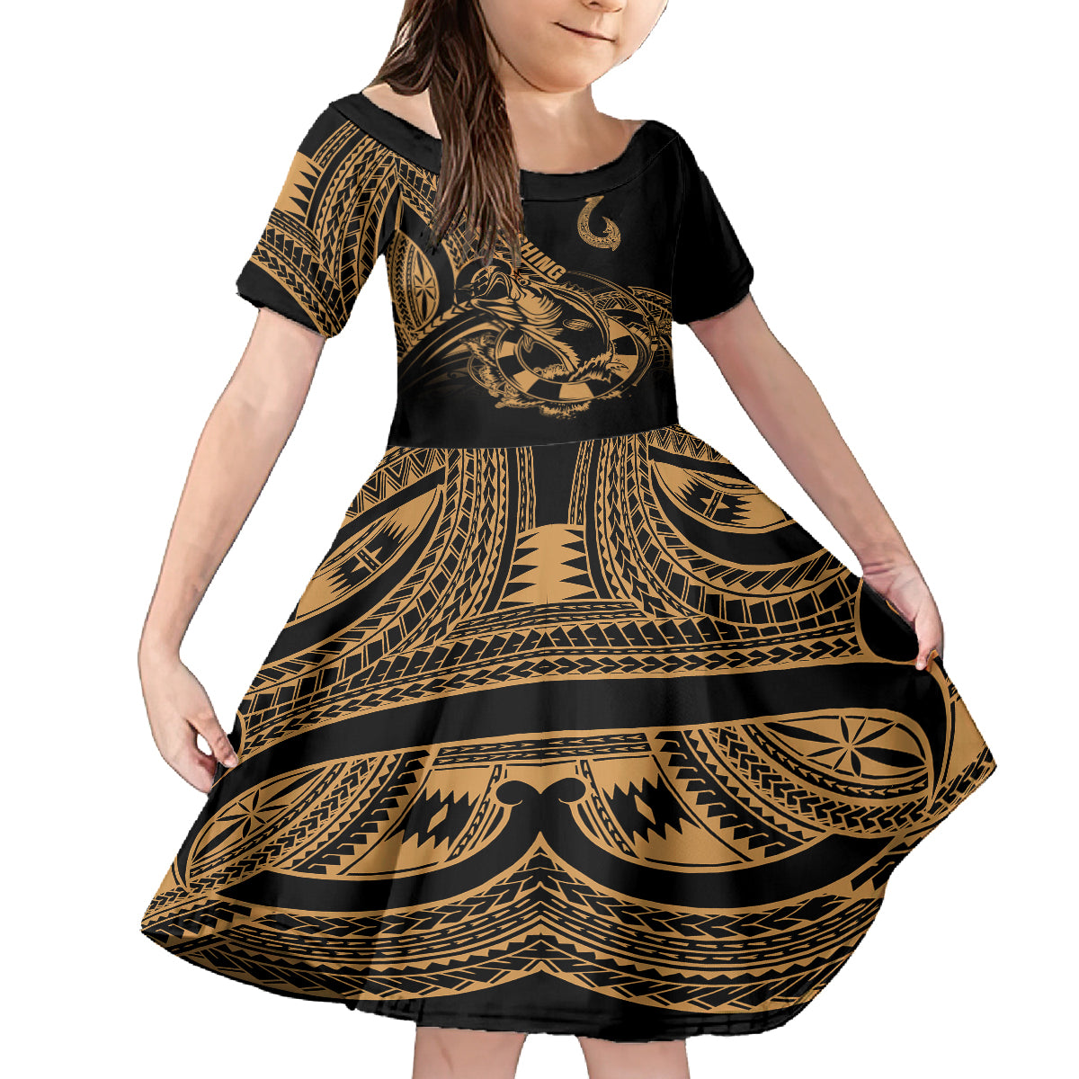Polynesia Kid Short Sleeve Dress Fish Hook Tattoo Go Fishing Polynesian Pattern Gold - Wonder Print Shop