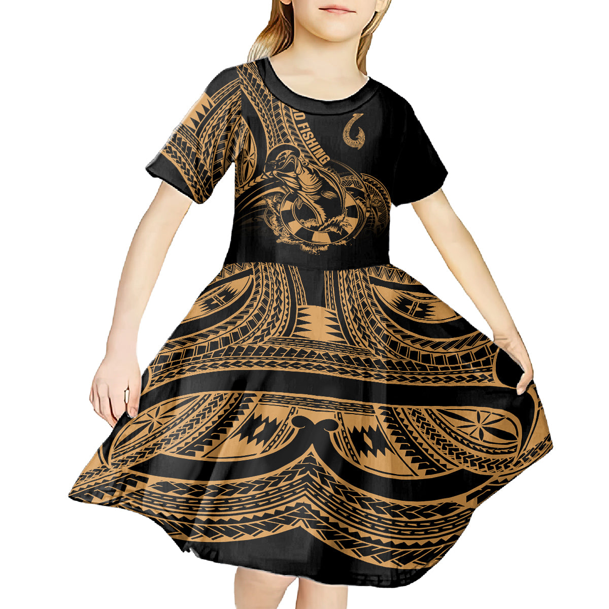 Polynesia Kid Short Sleeve Dress Fish Hook Tattoo Go Fishing Polynesian Pattern Gold - Wonder Print Shop