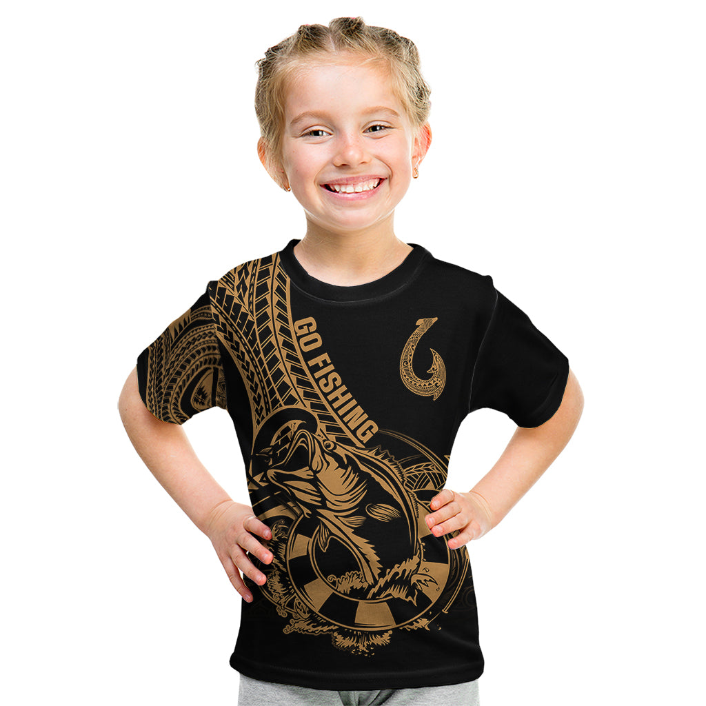 Polynesia Kid T Shirt Fish Hook Tattoo Go Fishing Polynesian Pattern Gold - Wonder Print Shop