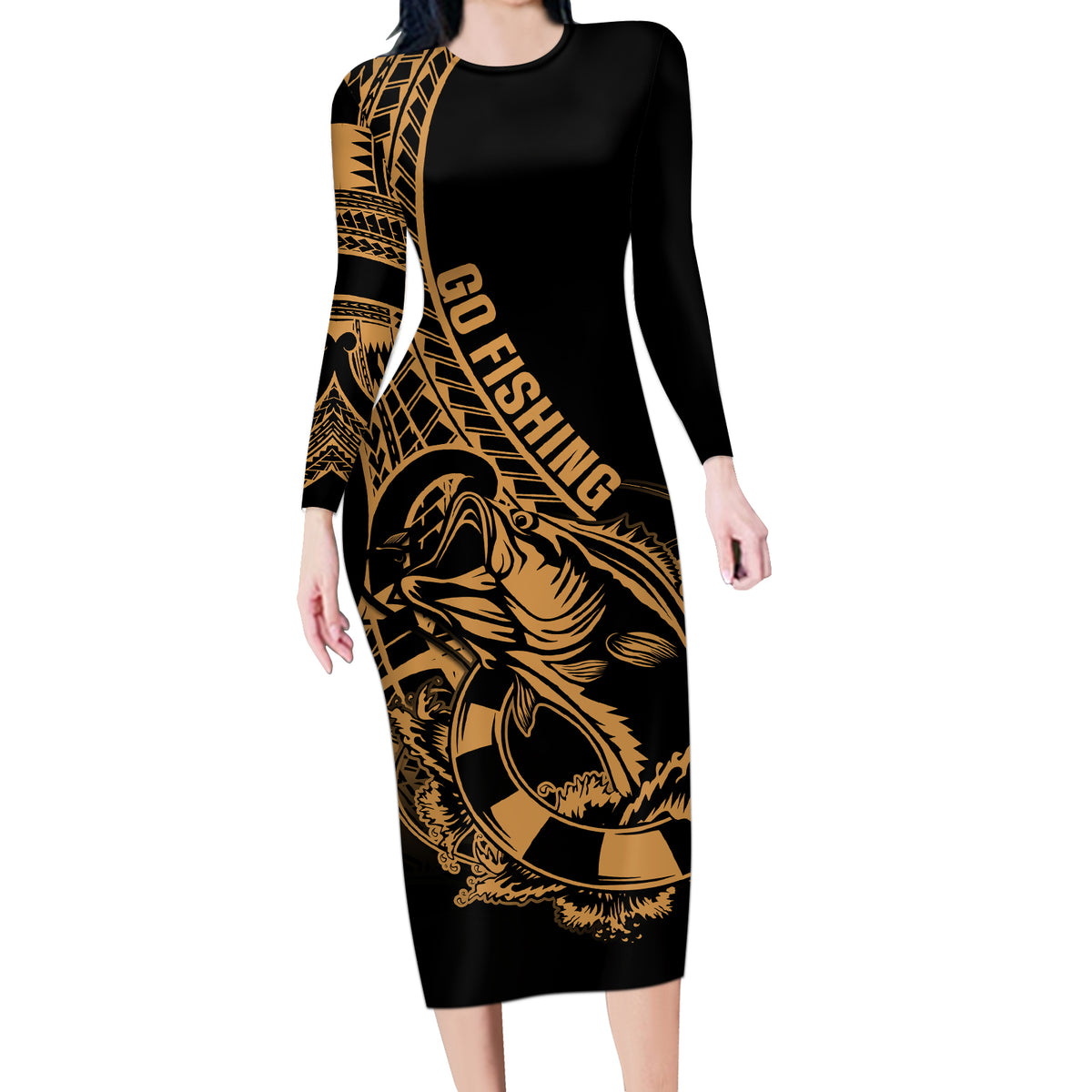 Polynesia Long Sleeve Bodycon Dress Fish Hook Tattoo Go Fishing Polynesian Pattern Gold - Wonder Print Shop