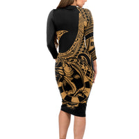 Polynesia Long Sleeve Bodycon Dress Fish Hook Tattoo Go Fishing Polynesian Pattern Gold - Wonder Print Shop