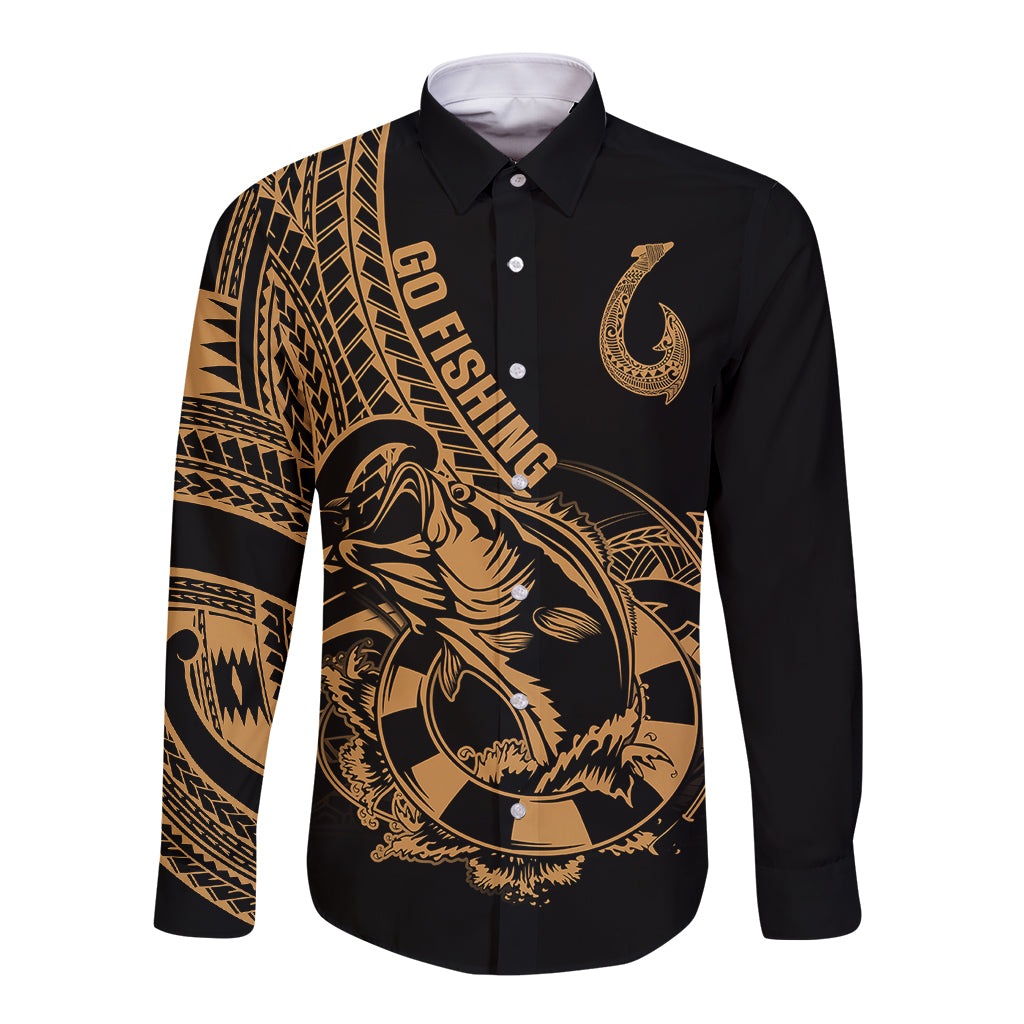 Polynesia Long Sleeve Button Shirt Fish Hook Tattoo Go Fishing Polynesian Pattern Gold - Wonder Print Shop