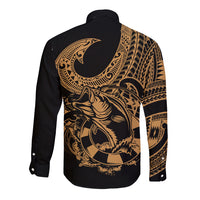 Polynesia Long Sleeve Button Shirt Fish Hook Tattoo Go Fishing Polynesian Pattern Gold - Wonder Print Shop