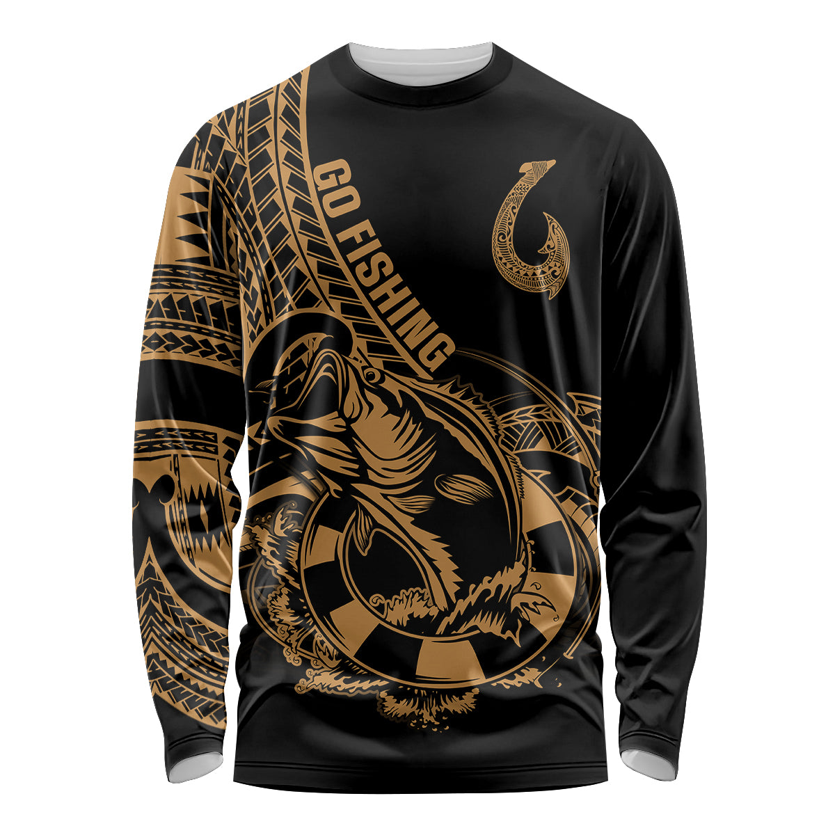 Polynesia Long Sleeve Shirt Fish Hook Tattoo Go Fishing Polynesian Pattern Gold - Wonder Print Shop