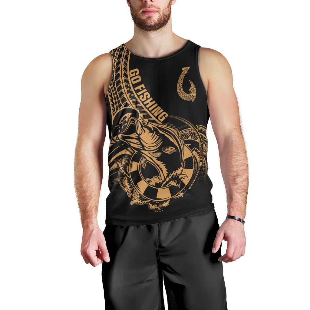 Polynesia Men Tank Top Fish Hook Tattoo Go Fishing Polynesian Pattern Gold - Wonder Print Shop