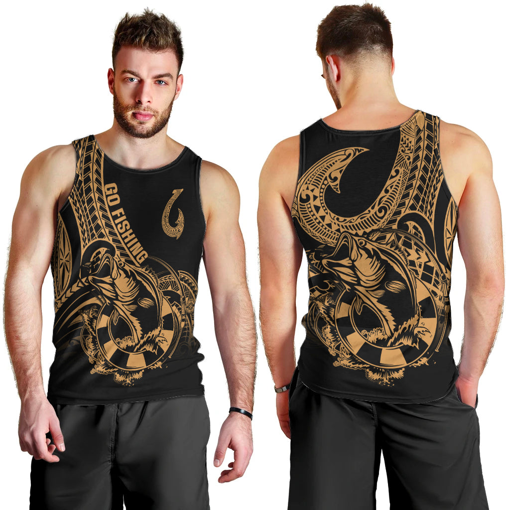 Polynesia Men Tank Top Fish Hook Tattoo Go Fishing Polynesian Pattern Gold - Wonder Print Shop