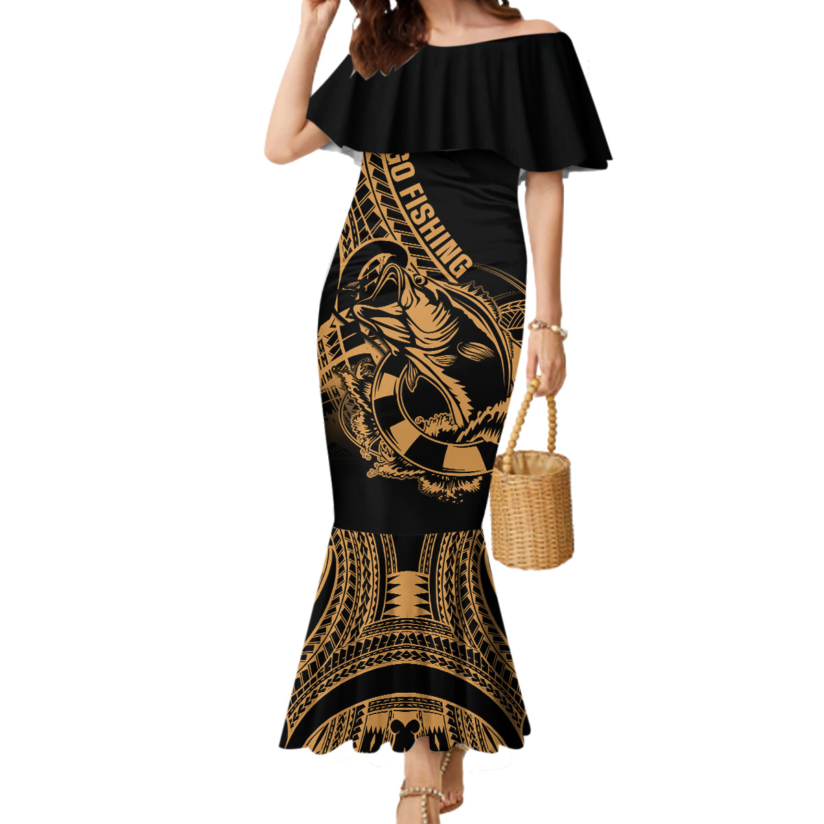 Polynesia Mermaid Dress Fish Hook Tattoo Go Fishing Polynesian Pattern Gold - Wonder Print Shop