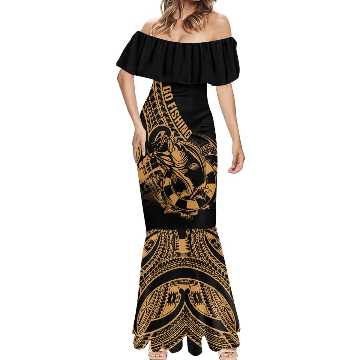 Polynesia Mermaid Dress Fish Hook Tattoo Go Fishing Polynesian Pattern Gold - Wonder Print Shop
