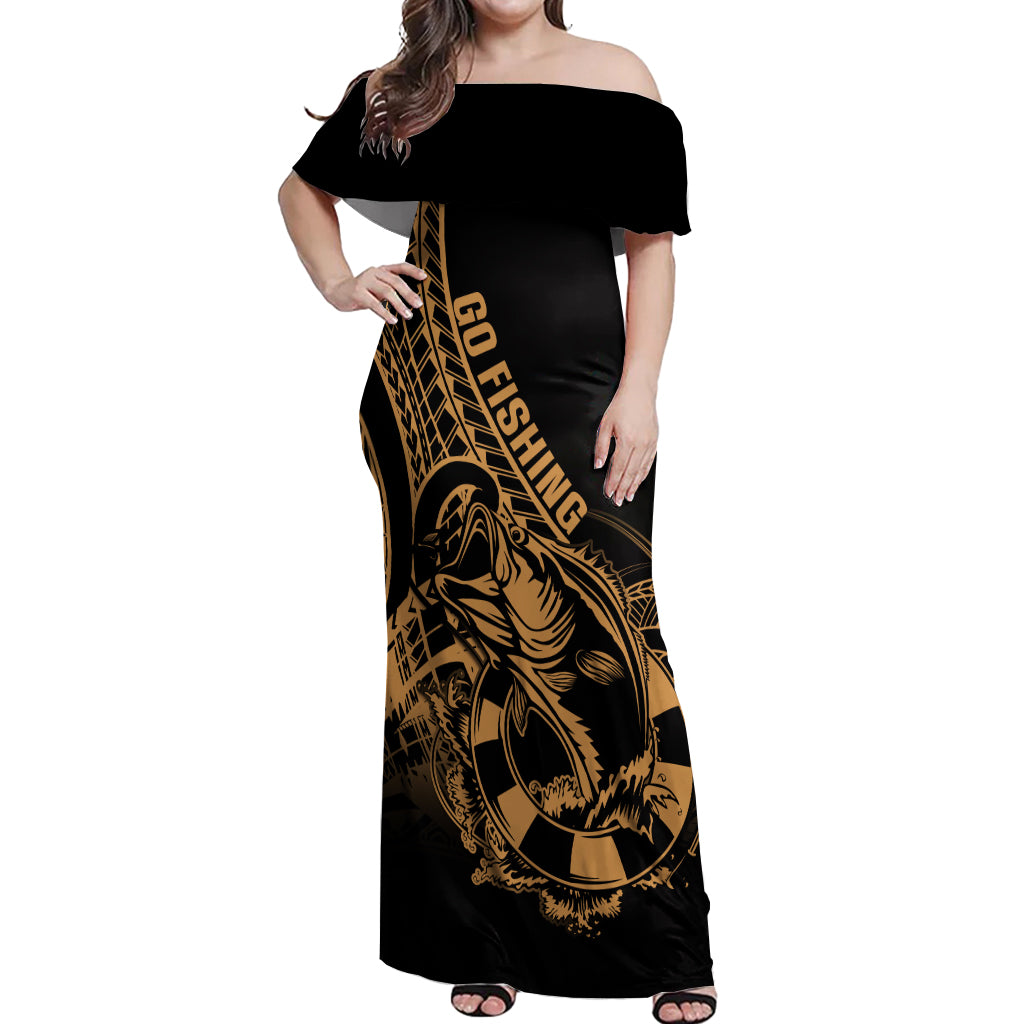 Polynesia Off Shoulder Maxi Dress Fish Hook Tattoo Go Fishing Polynesian Pattern Gold - Wonder Print Shop
