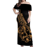 Polynesia Off Shoulder Maxi Dress Fish Hook Tattoo Go Fishing Polynesian Pattern Gold - Wonder Print Shop