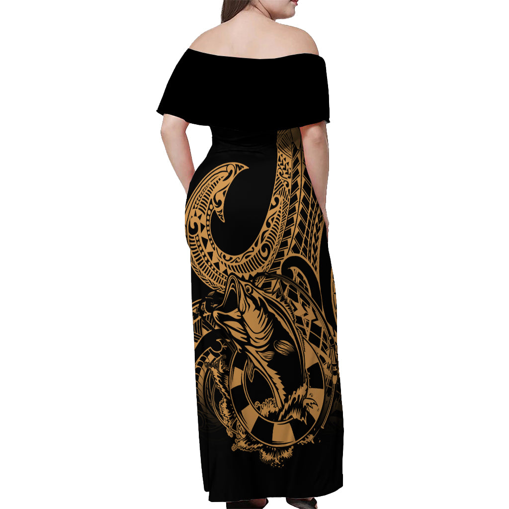 Polynesia Off Shoulder Maxi Dress Fish Hook Tattoo Go Fishing Polynesian Pattern Gold - Wonder Print Shop
