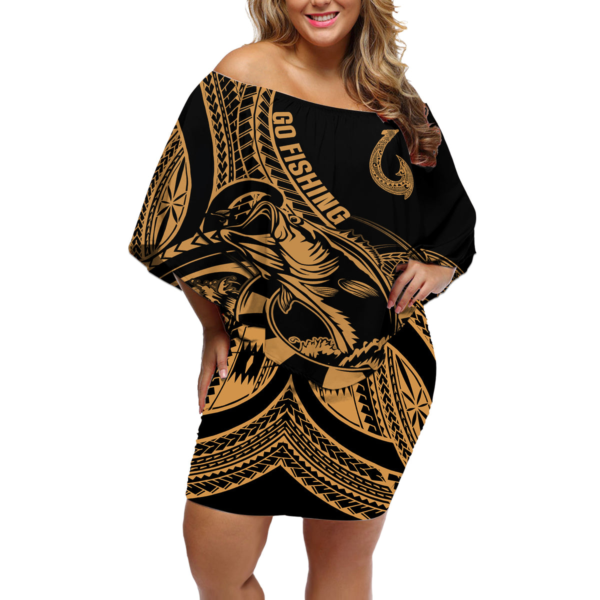 Polynesia Off Shoulder Short Dress Fish Hook Tattoo Go Fishing Polynesian Pattern Gold - Wonder Print Shop