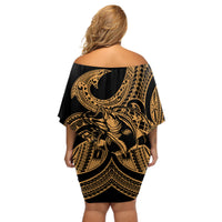 Polynesia Off Shoulder Short Dress Fish Hook Tattoo Go Fishing Polynesian Pattern Gold - Wonder Print Shop