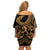 Polynesia Off Shoulder Short Dress Fish Hook Tattoo Go Fishing Polynesian Pattern Gold - Wonder Print Shop