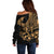 Polynesia Off Shoulder Sweater Fish Hook Tattoo Go Fishing Polynesian Pattern Gold - Wonder Print Shop