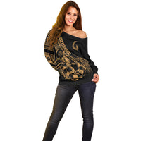 Polynesia Off Shoulder Sweater Fish Hook Tattoo Go Fishing Polynesian Pattern Gold - Wonder Print Shop