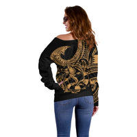 Polynesia Off Shoulder Sweater Fish Hook Tattoo Go Fishing Polynesian Pattern Gold - Wonder Print Shop