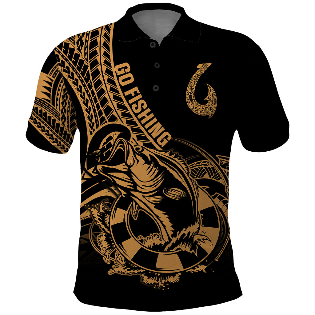 Polynesia Polo Shirt Fish Hook Tattoo Go Fishing Polynesian Pattern Gold - Wonder Print Shop