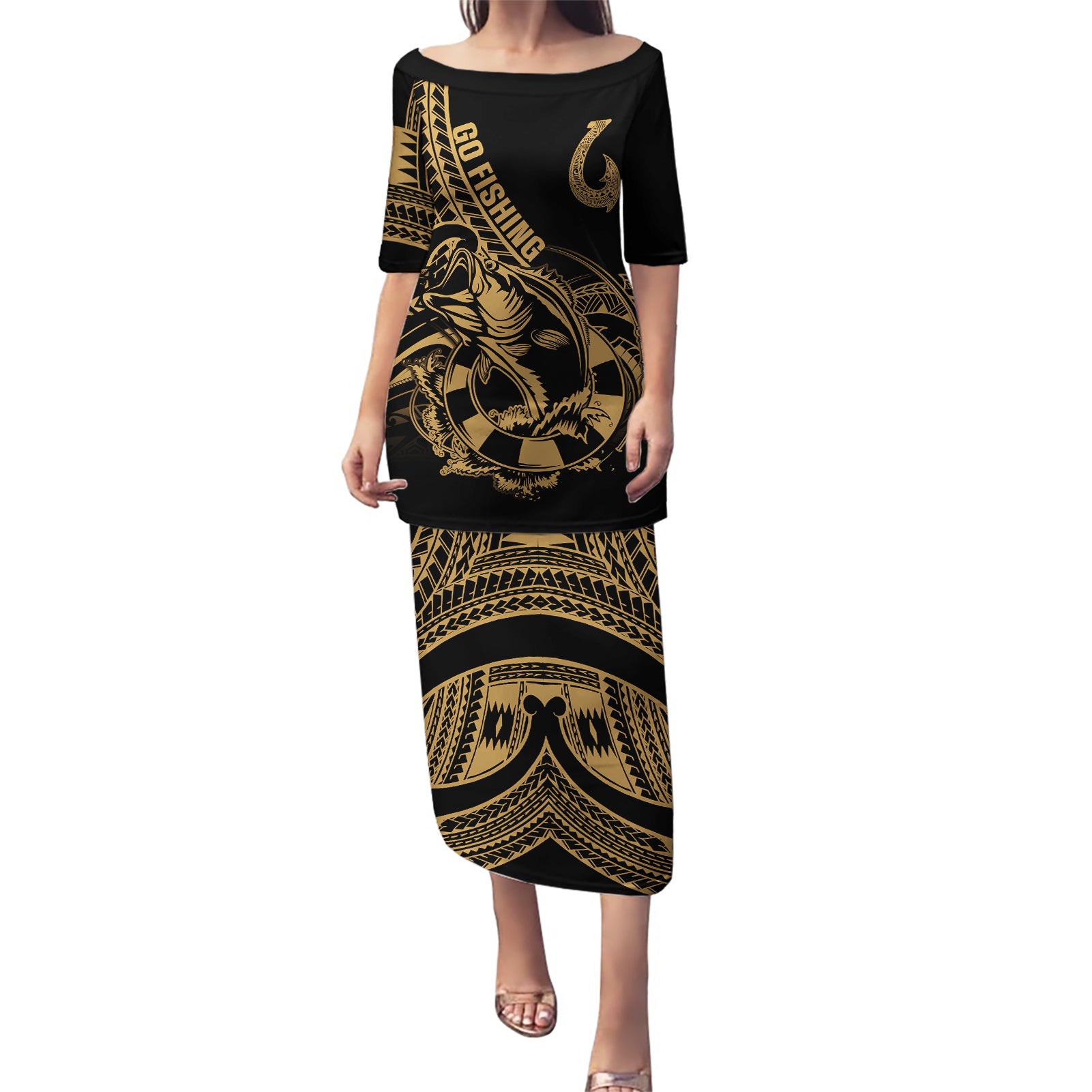 Polynesia Puletasi Fish Hook Tattoo Go Fishing Polynesian Pattern Gold - Wonder Print Shop