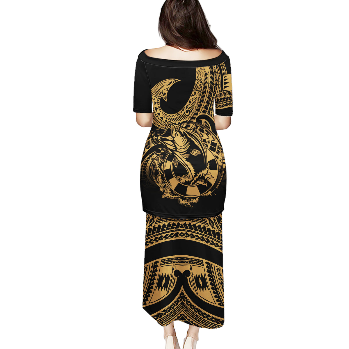 Polynesia Puletasi Fish Hook Tattoo Go Fishing Polynesian Pattern Gold - Wonder Print Shop