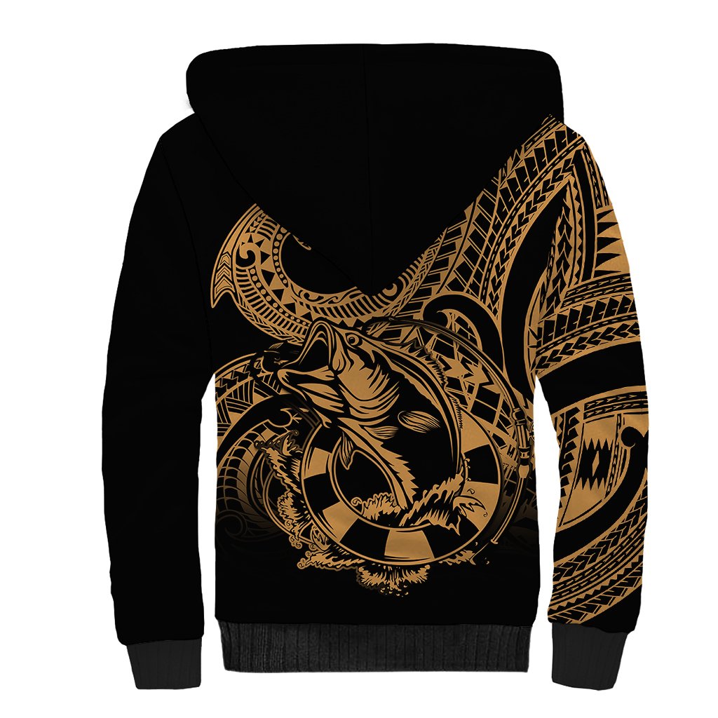 Polynesia Sherpa Hoodie Fish Hook Tattoo Go Fishing Polynesian Pattern Gold - Wonder Print Shop