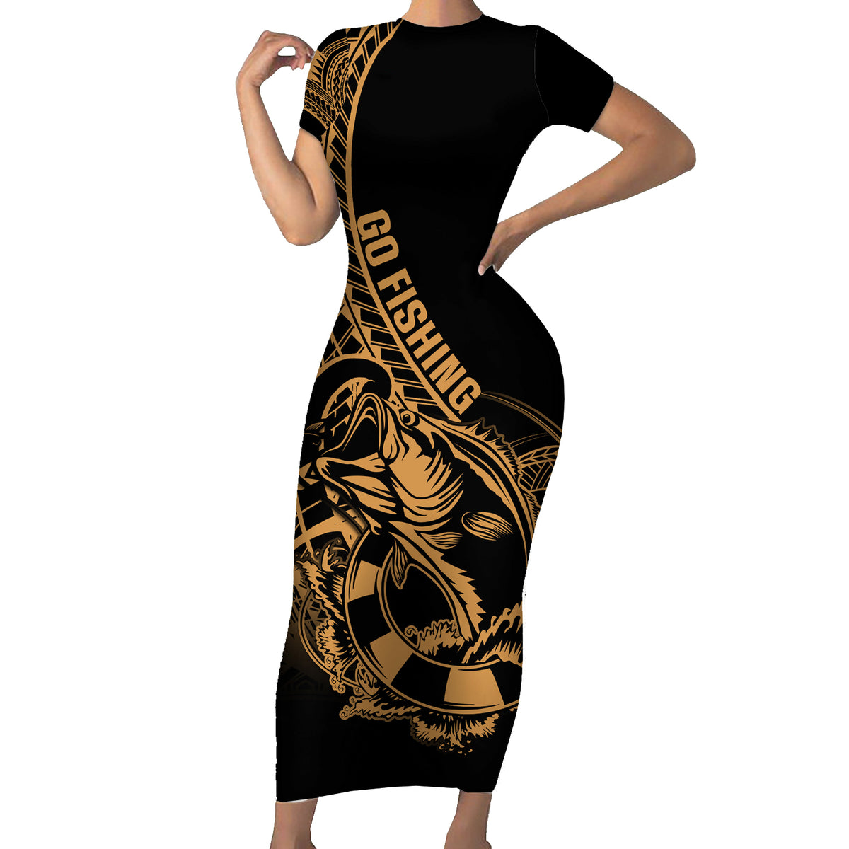 Polynesia Short Sleeve Bodycon Dress Fish Hook Tattoo Go Fishing Polynesian Pattern Gold - Wonder Print Shop