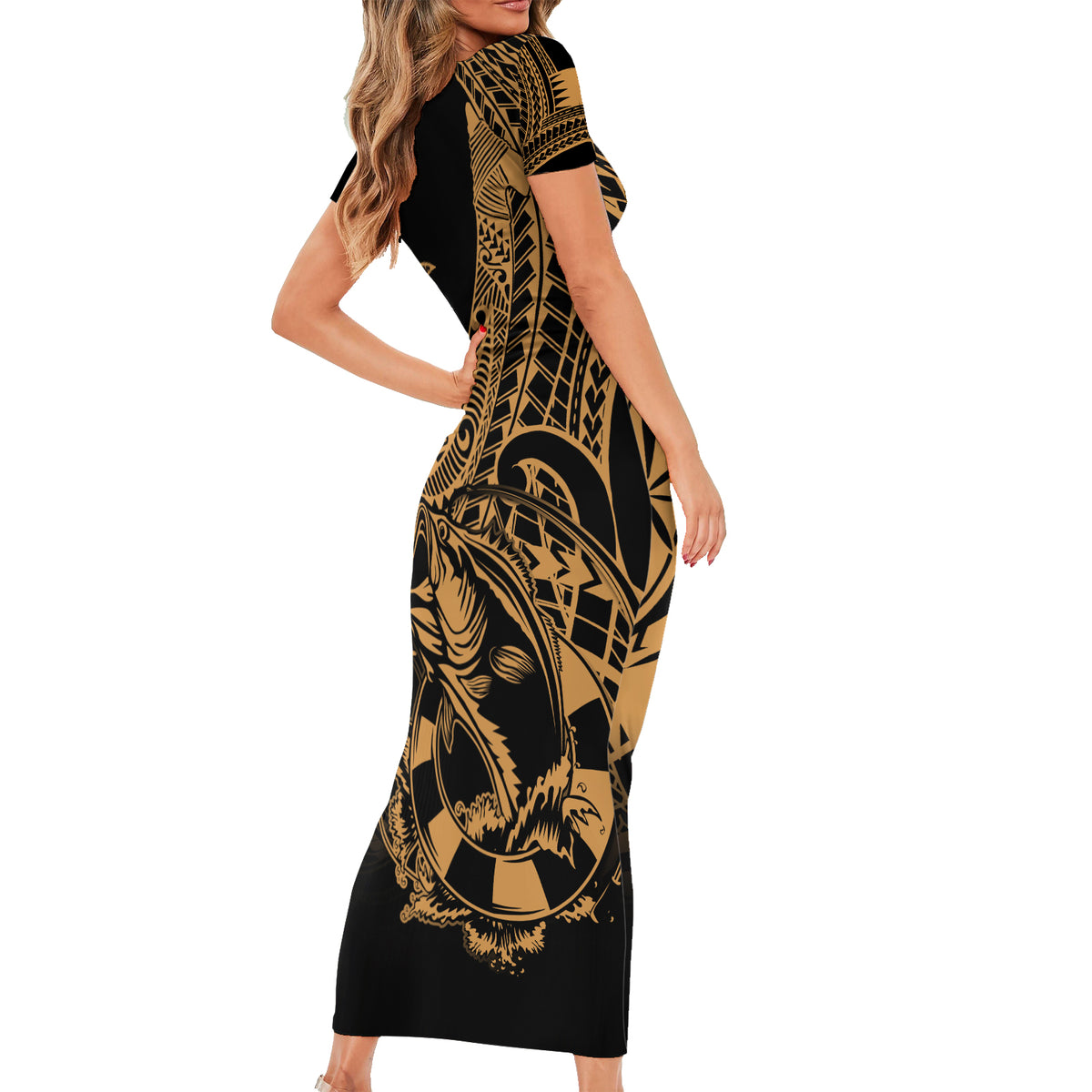 Polynesia Short Sleeve Bodycon Dress Fish Hook Tattoo Go Fishing Polynesian Pattern Gold - Wonder Print Shop