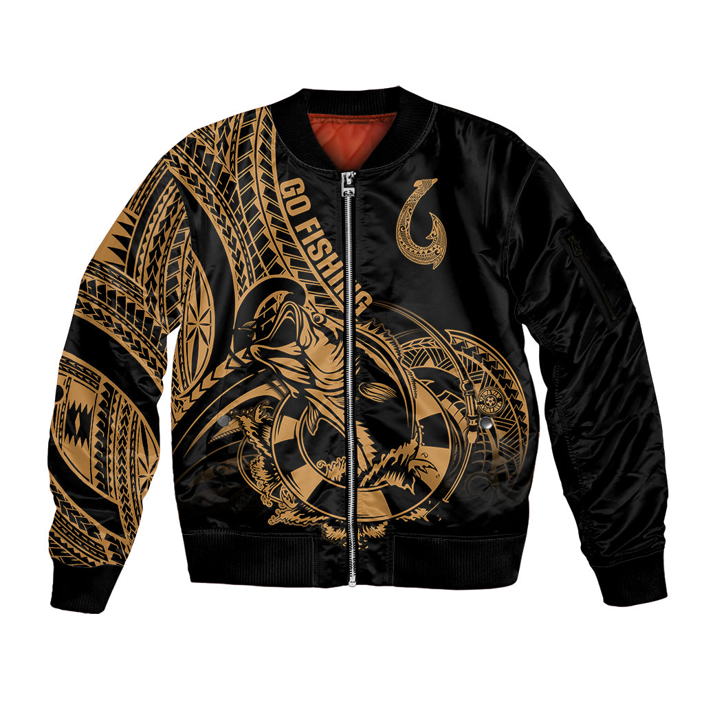Polynesia Sleeve Zip Bomber Jacket Fish Hook Tattoo Go Fishing Polynesian Pattern Gold - Wonder Print Shop