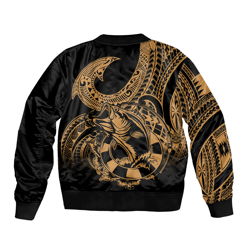 Polynesia Sleeve Zip Bomber Jacket Fish Hook Tattoo Go Fishing Polynesian Pattern Gold - Wonder Print Shop