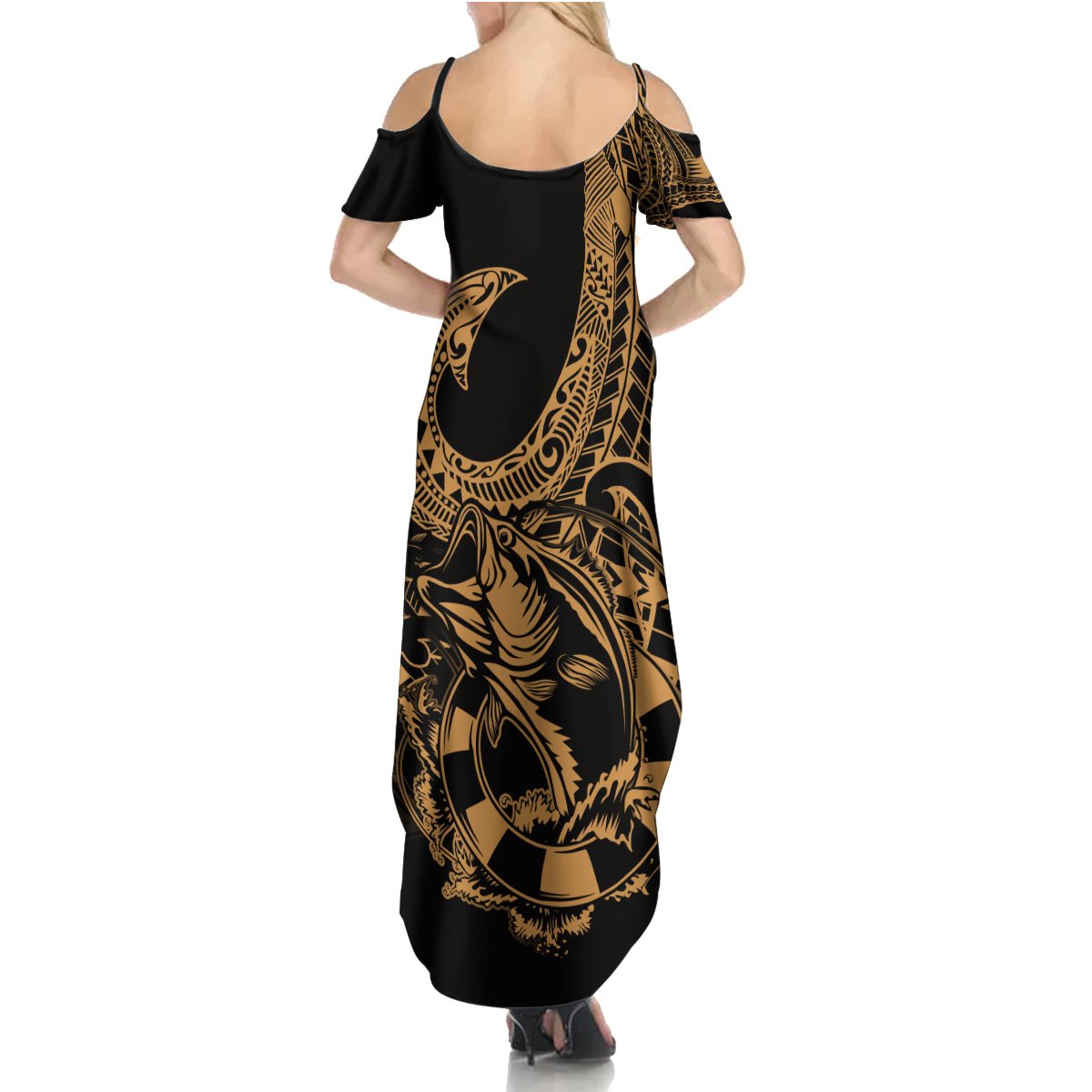 Polynesia Summer Maxi Dress Fish Hook Tattoo Go Fishing Polynesian Pattern Gold - Wonder Print Shop
