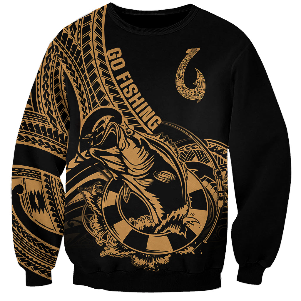 Polynesia Sweatshirt Fish Hook Tattoo Go Fishing Polynesian Pattern Gold - Wonder Print Shop