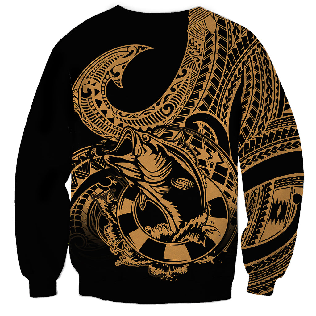 Polynesia Sweatshirt Fish Hook Tattoo Go Fishing Polynesian Pattern Gold - Wonder Print Shop