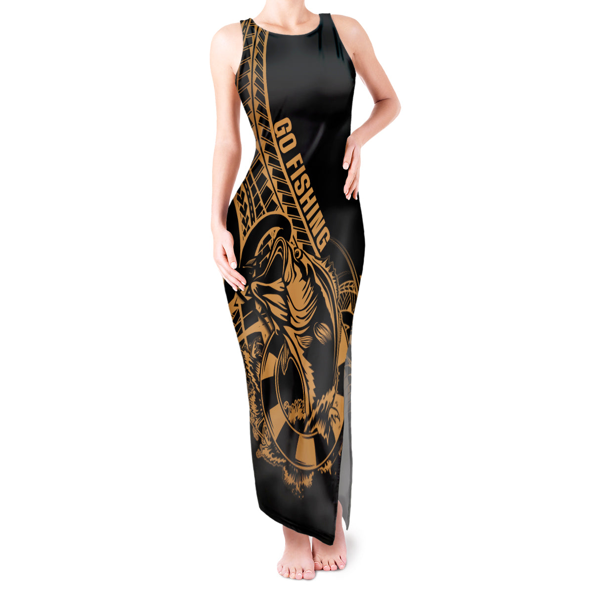 Polynesia Tank Maxi Dress Fish Hook Tattoo Go Fishing Polynesian Pattern Gold - Wonder Print Shop