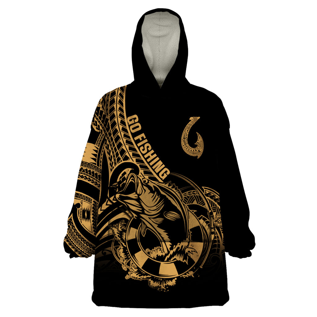 Polynesia Wearable Blanket Hoodie Fish Hook Tattoo Go Fishing Polynesian Pattern Gold - Wonder Print Shop