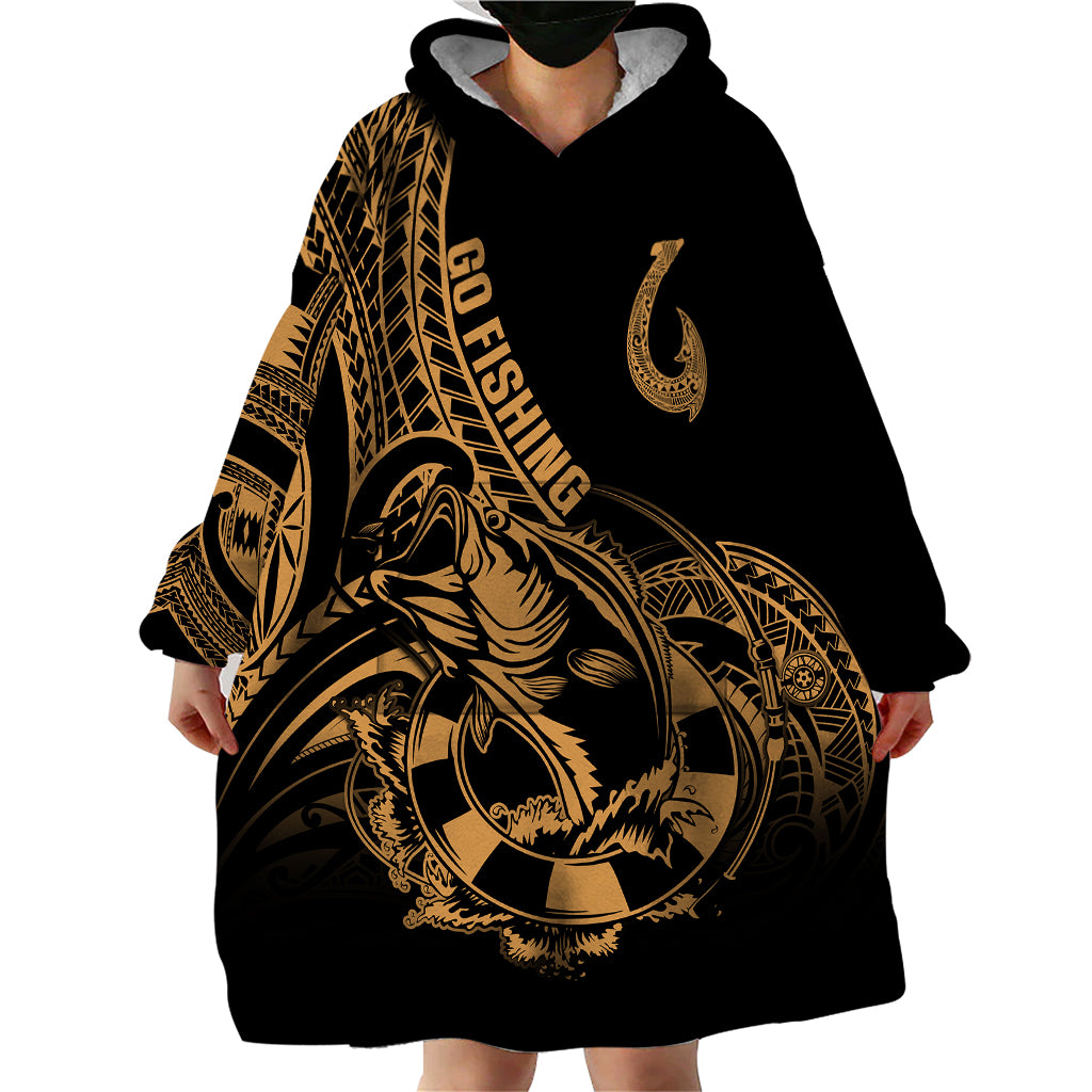 Polynesia Wearable Blanket Hoodie Fish Hook Tattoo Go Fishing Polynesian Pattern Gold - Wonder Print Shop