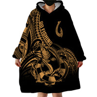 Polynesia Wearable Blanket Hoodie Fish Hook Tattoo Go Fishing Polynesian Pattern Gold - Wonder Print Shop