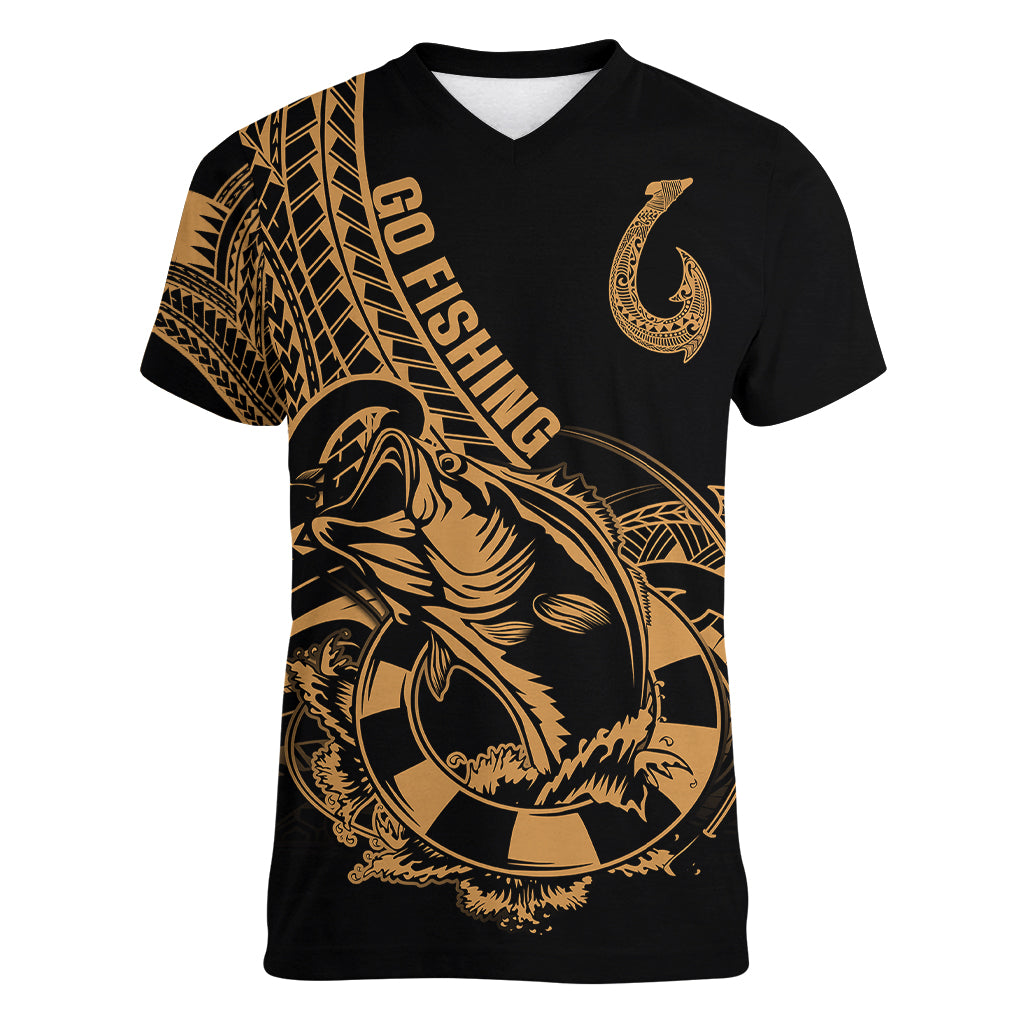 Polynesia Women V Neck T Shirt Fish Hook Tattoo Go Fishing Polynesian Pattern Gold - Wonder Print Shop