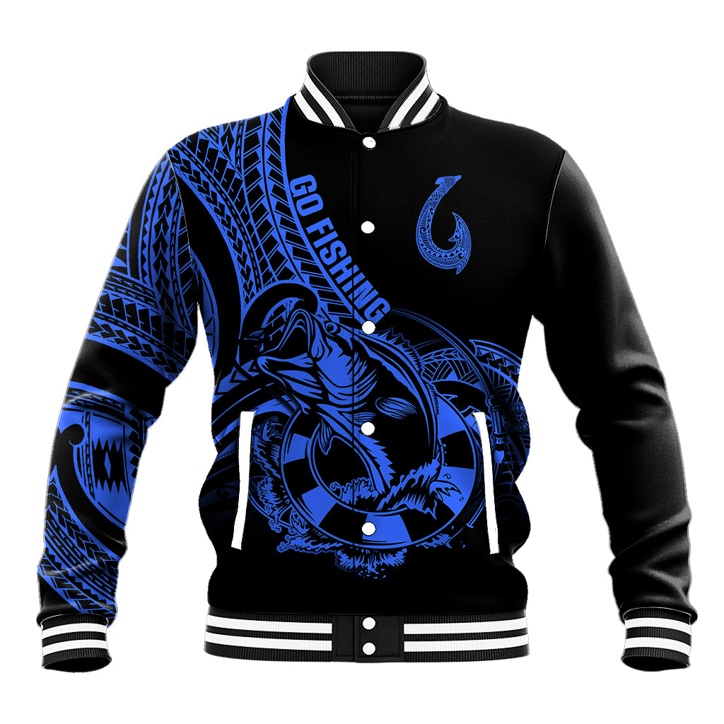 Polynesia Baseball Jacket Fish Hook Tattoo Go Fishing Polynesian Pattern Blue - Wonder Print Shop