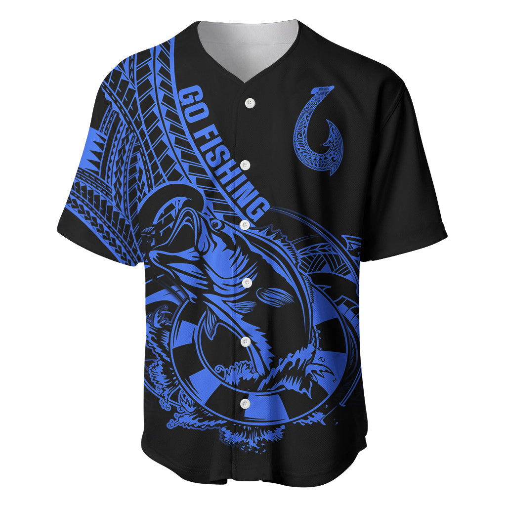 Polynesia Baseball Jersey Fish Hook Tattoo Go Fishing Polynesian Pattern Blue - Wonder Print Shop