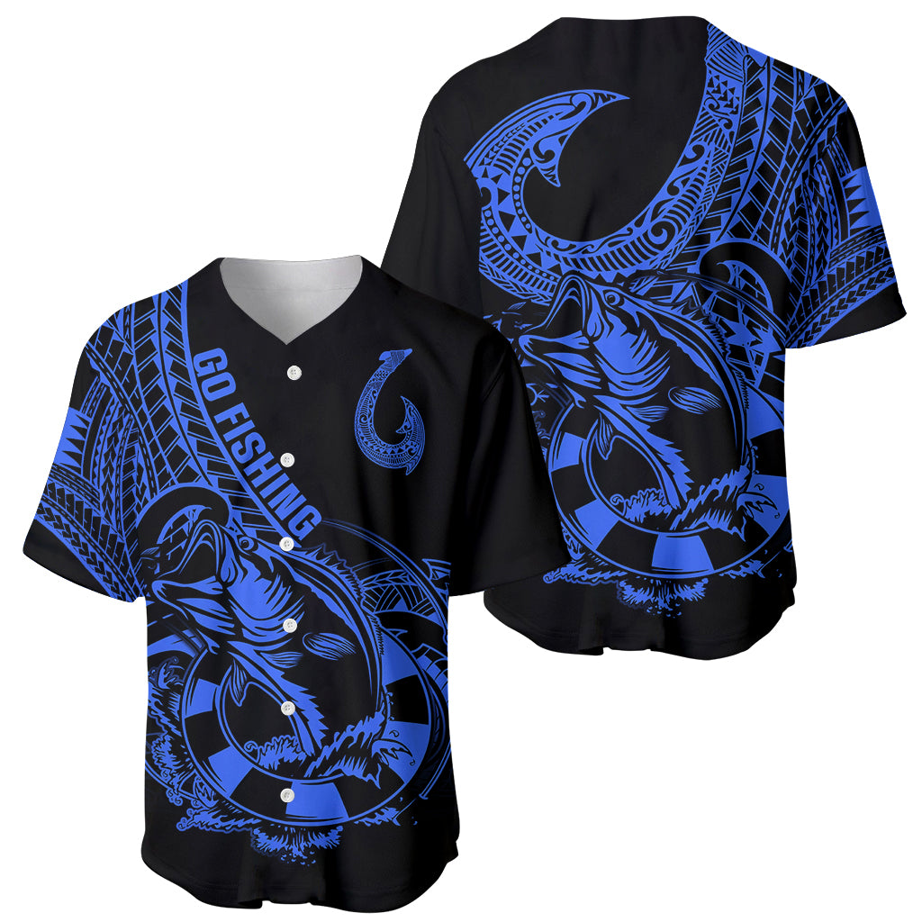 Polynesia Baseball Jersey Fish Hook Tattoo Go Fishing Polynesian Pattern Blue - Wonder Print Shop