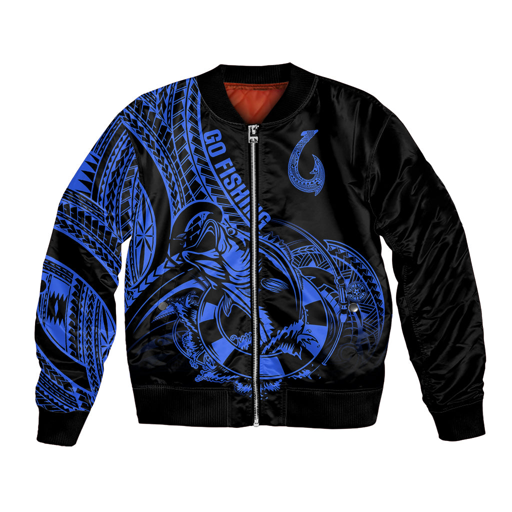 Polynesia Bomber Jacket Fish Hook Tattoo Go Fishing Polynesian Pattern Blue - Wonder Print Shop