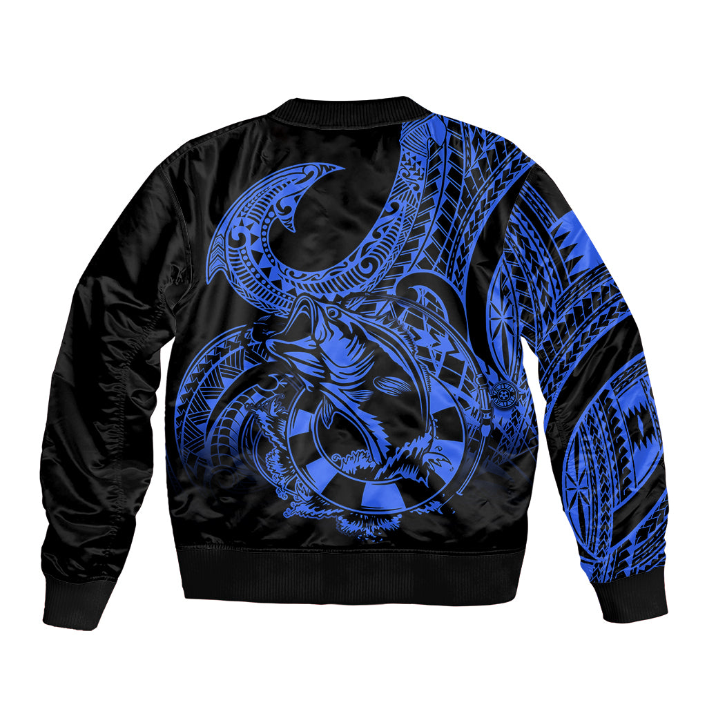 Polynesia Bomber Jacket Fish Hook Tattoo Go Fishing Polynesian Pattern Blue - Wonder Print Shop