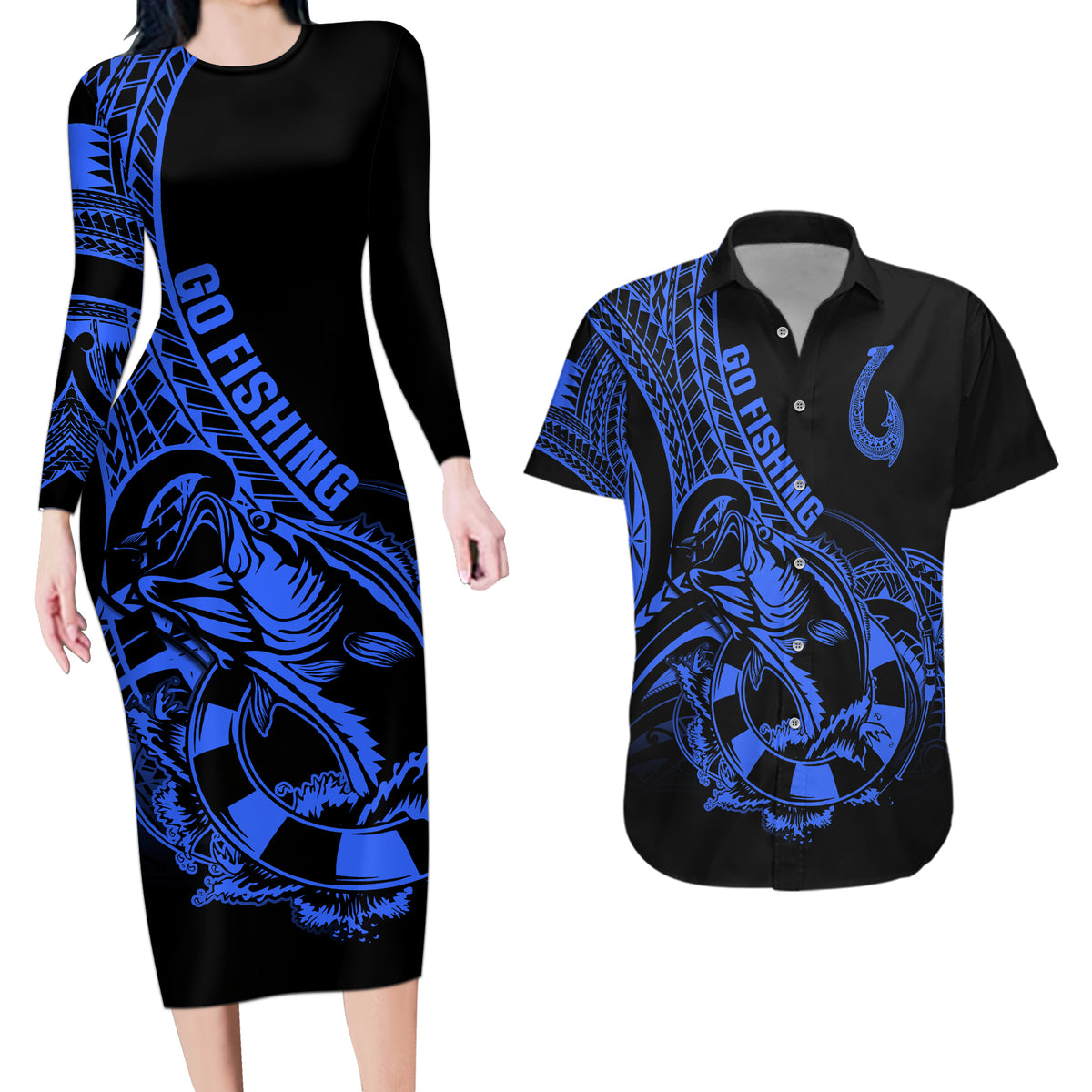 Polynesia Couples Matching Long Sleeve Bodycon Dress and Hawaiian Shirt Fish Hook Tattoo Go Fishing Polynesian Pattern Blue - Wonder Print Shop