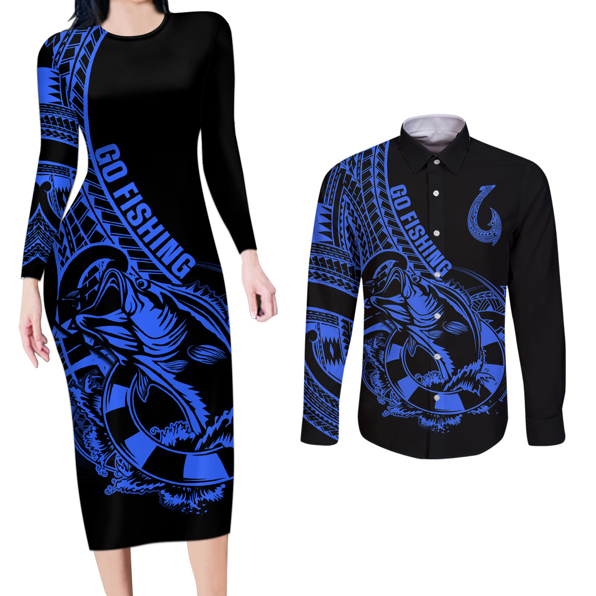Polynesia Couples Matching Long Sleeve Bodycon Dress and Long Sleeve Button Shirts Fish Hook Tattoo Go Fishing Polynesian Pattern Blue - Wonder Print Shop
