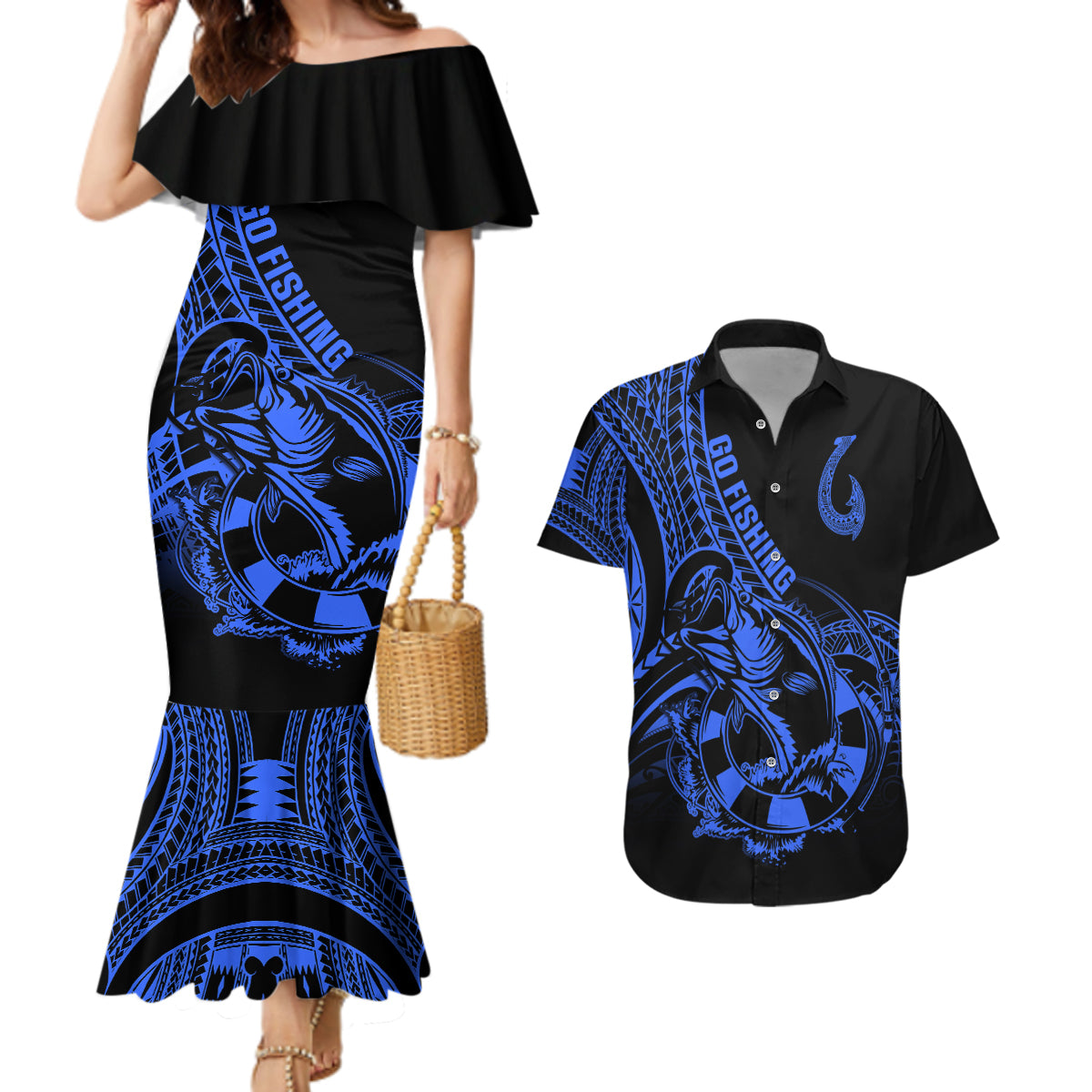 Polynesia Couples Matching Mermaid Dress and Hawaiian Shirt Fish Hook Tattoo Go Fishing Polynesian Pattern Blue - Wonder Print Shop