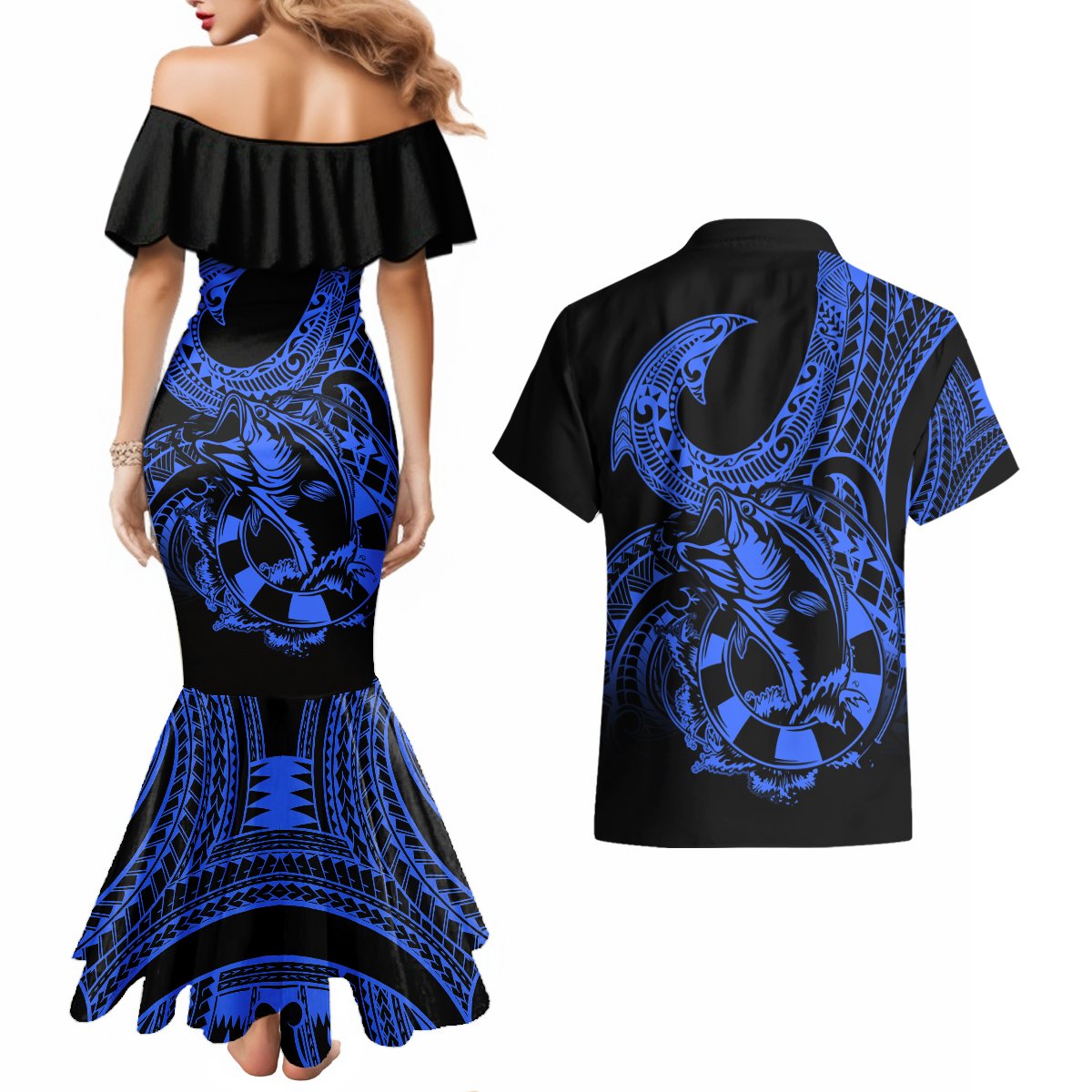 Polynesia Couples Matching Mermaid Dress and Hawaiian Shirt Fish Hook Tattoo Go Fishing Polynesian Pattern Blue - Wonder Print Shop